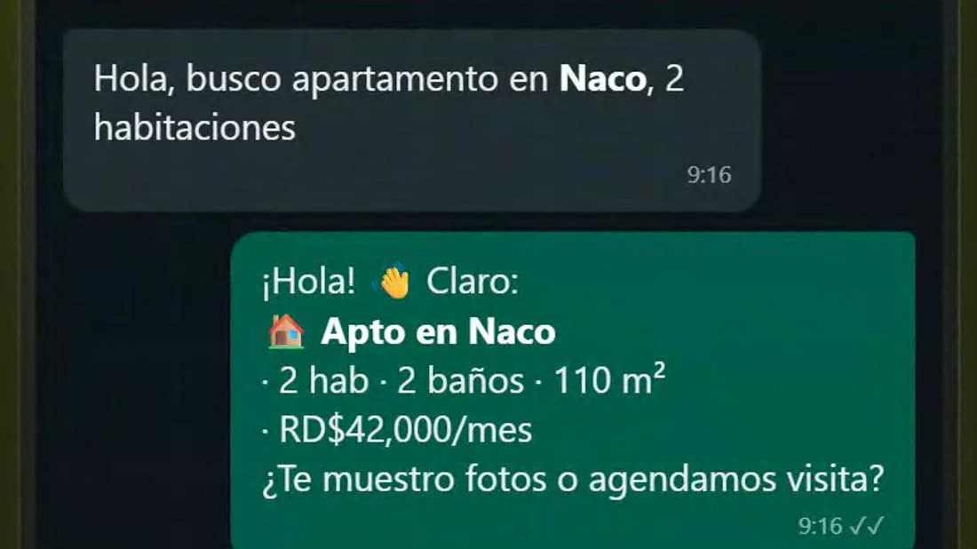 WhatsApp chat: a client asks about an apartment in Naco and the agent replies with the price and offers to schedule a visit